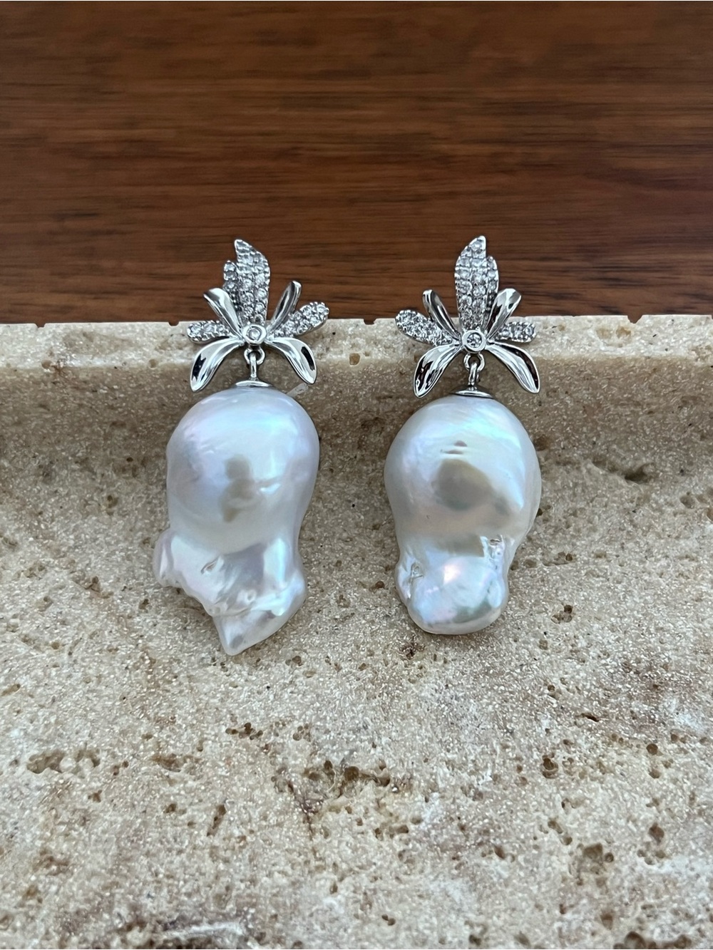 NEW Freshwater Baroque Pearl Drop Earrings with Floral accent